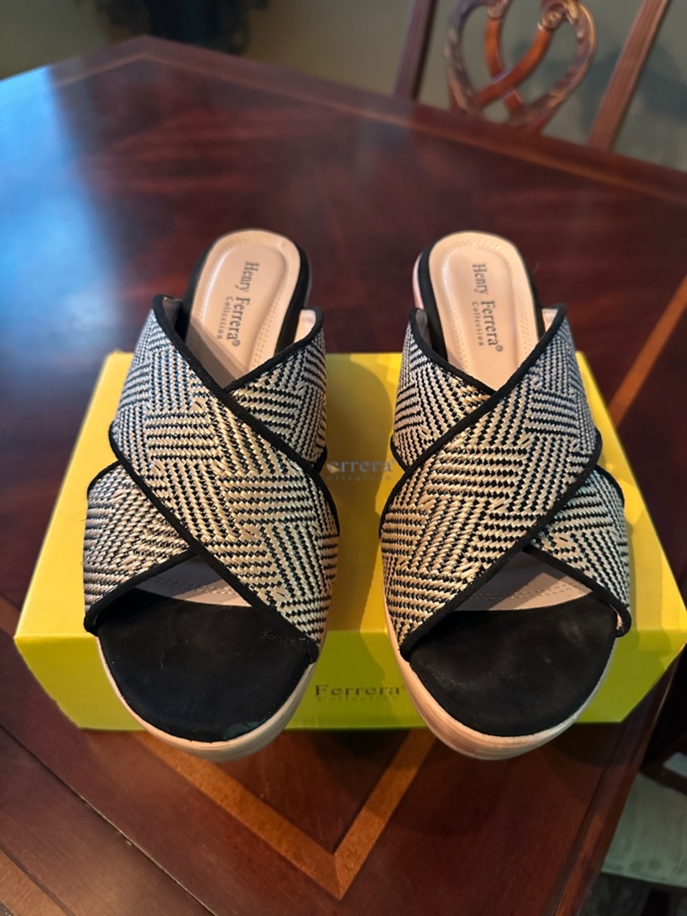 Black & tan Crisscross Woven Platform wedge.